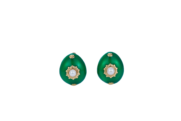 Large Oval Green Enamel with Pearl Golden Earrings for Women