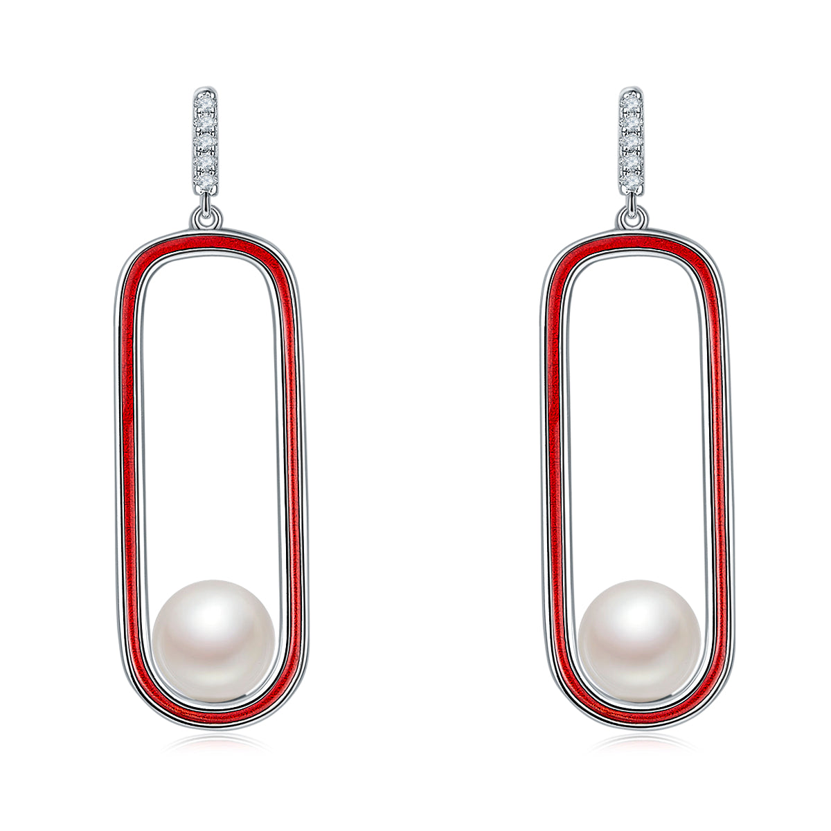 Red Oval Enamel with Pearl Silver Drop Earrings for Women