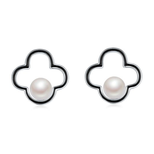 Black Clover-shape Enamel with Pearl Silver Studs Earrings for Women