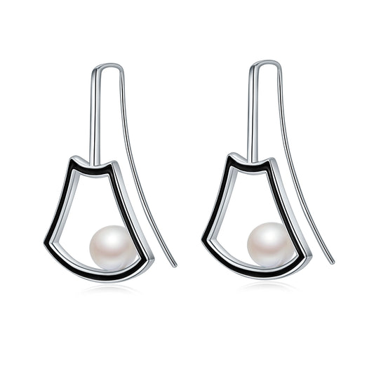 Black Fan-Shaped Enamel with Pearl Silver Drop Earrings for Women