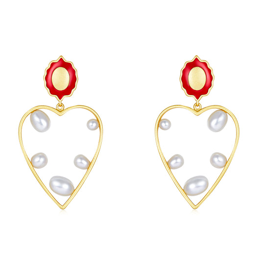 Red&Golden Big Heart Enamel with Pearl Drop Earrings for Women