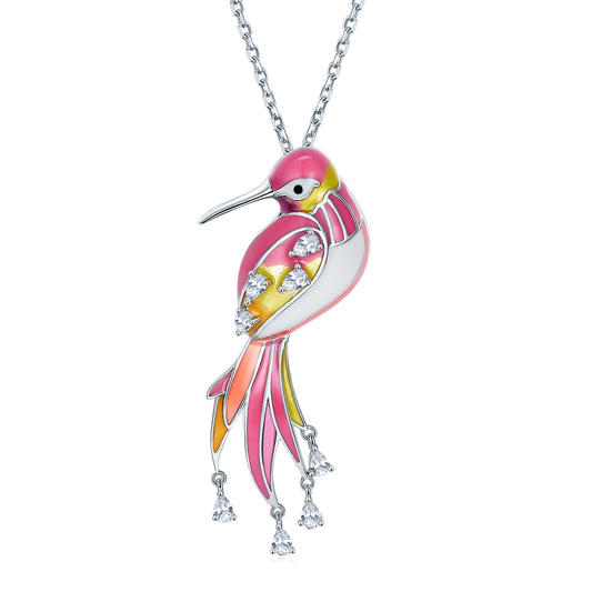 Pink Rosefinch Enamel Silver Necklace for Women