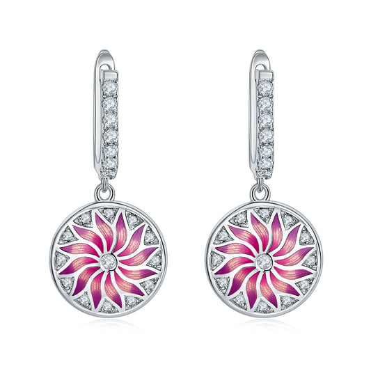 Pink Datura Stramonium Enamel Silver Drop Earrings for Women