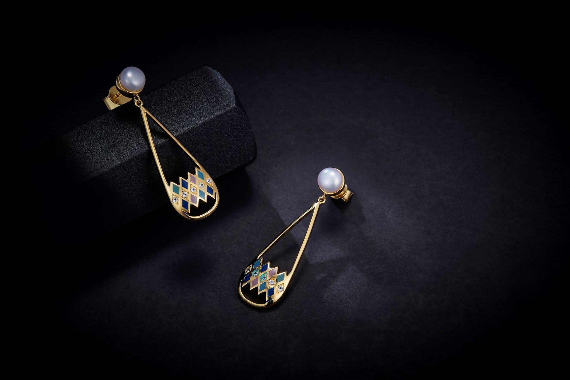 Colourful Rhombus Grid Enamel with Pearl Water Drop Earrings for Women