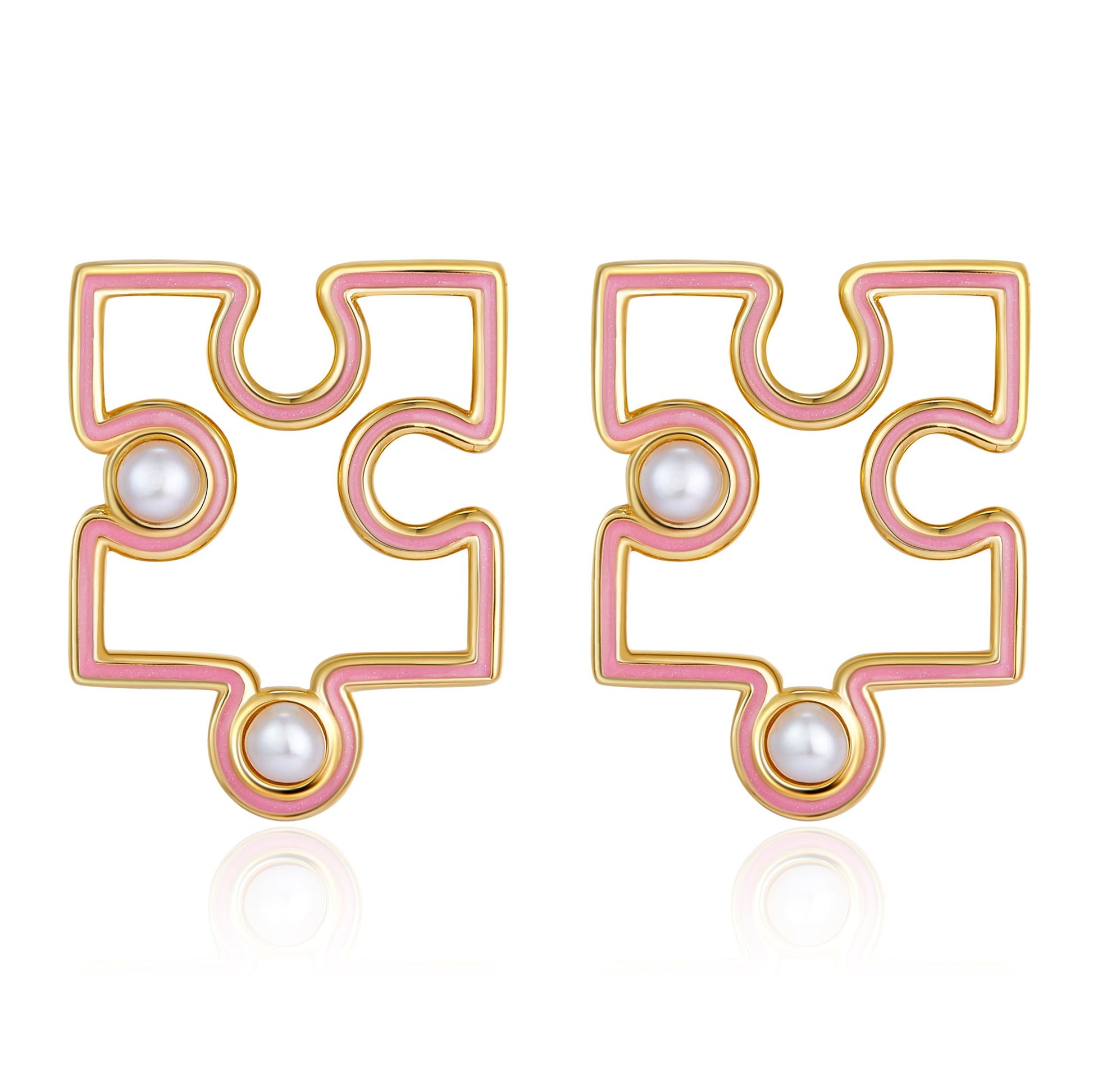 Golden Puzzle Enamel with Pearls Studs Earrings for Women