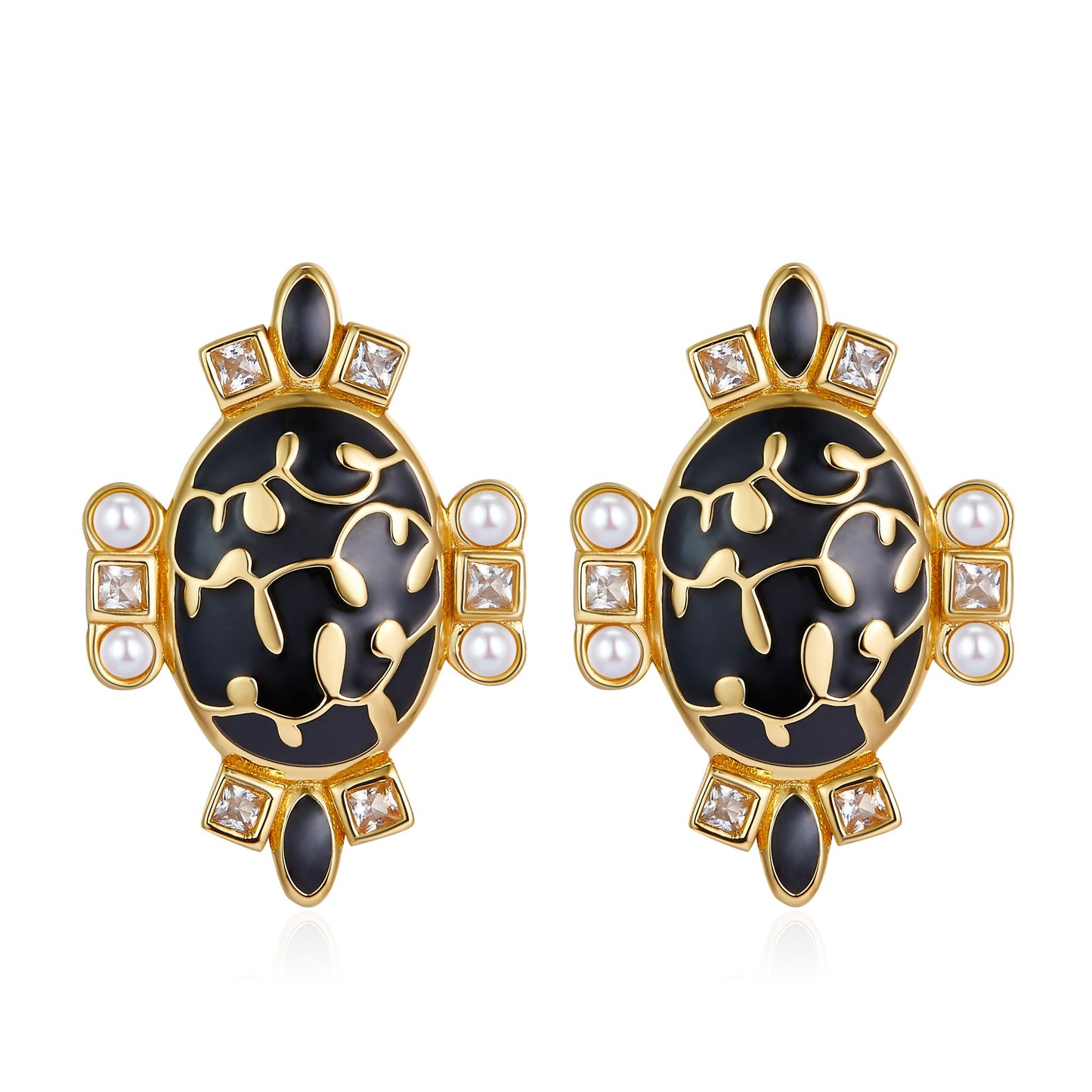 Black & Golden Oval Enamel with Pearl Studs Earrings for Women
