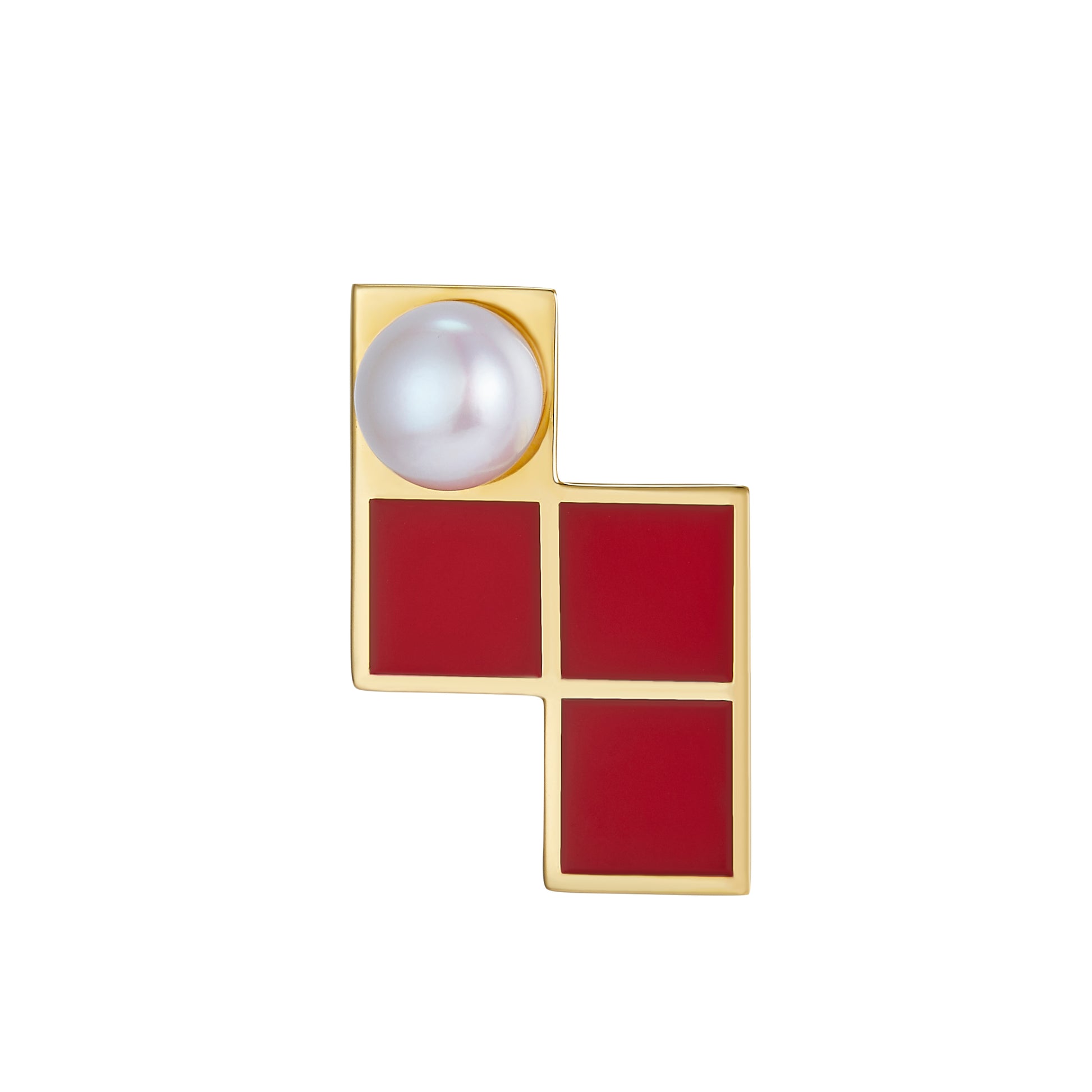 Red Tetris Enamel with Pearl Studs Earrings for Women