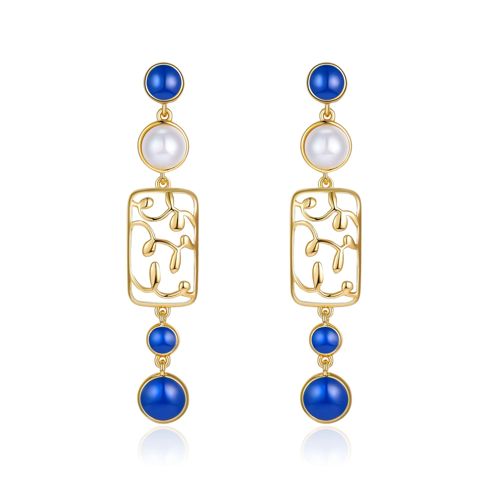 Blue & Golden Paris Flower Window Enamel Drop Earrings for Women