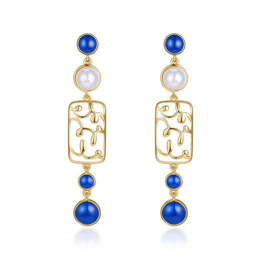 Blue & Golden Paris Flower Window Enamel Drop Earrings for Women