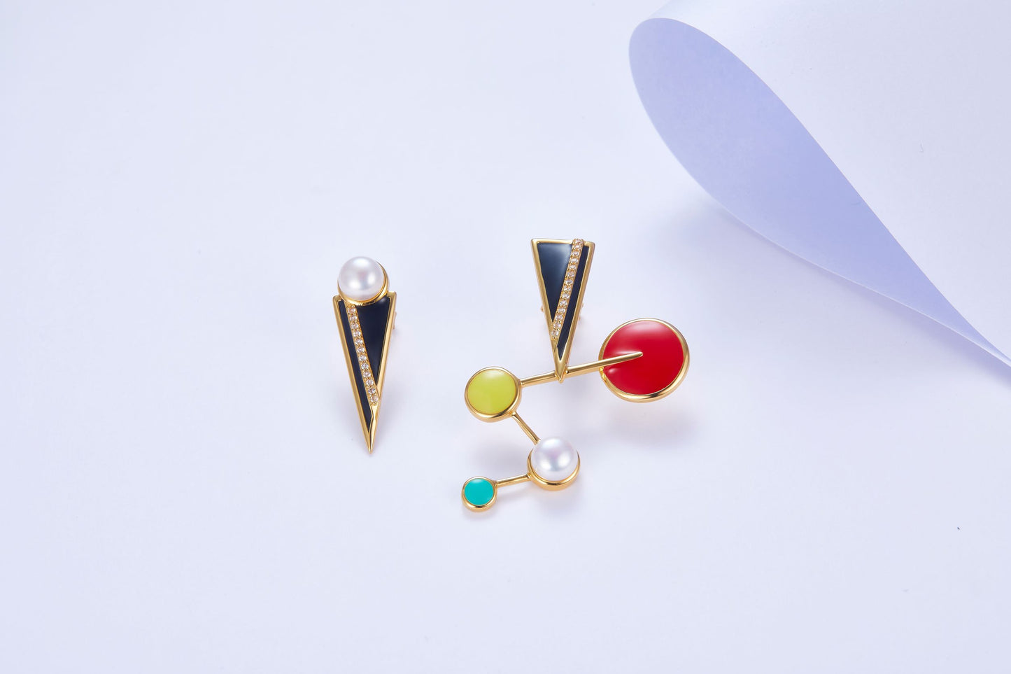 Colourful Geometric Shape Enamel with Pearls Silver Earrings for Women