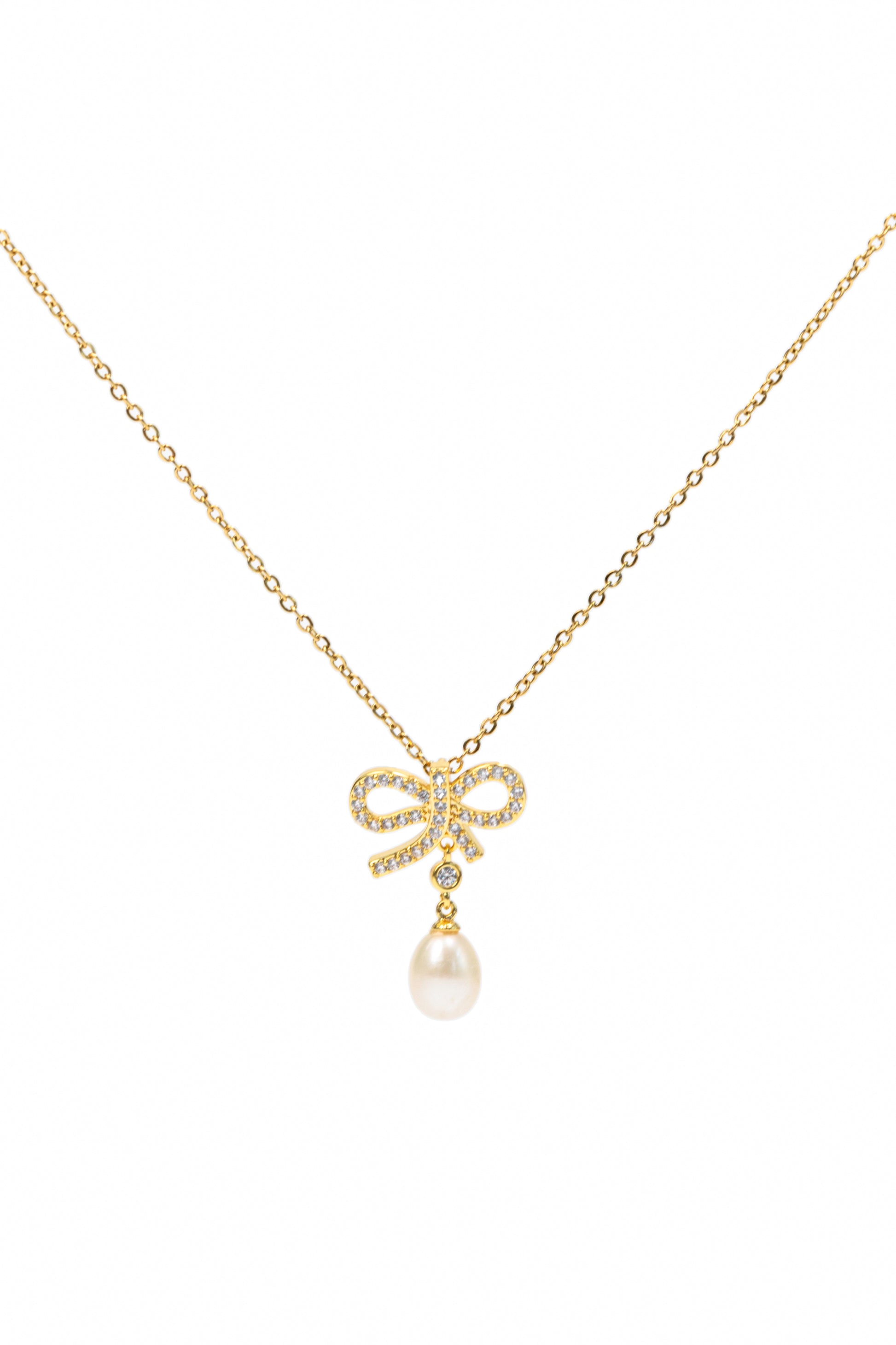 18K Gold Bow Necklace with Freshwater Pearl for Women