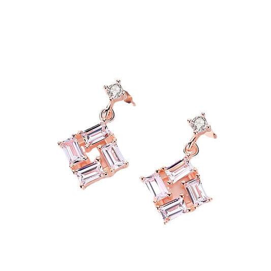 Rectangle Zircon Square Pendant Silver Drop Earrings for Women