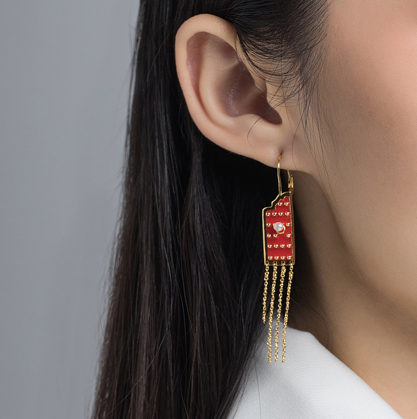 Forbidden City Gate Enamel with Pearl Drops Earrings for Women