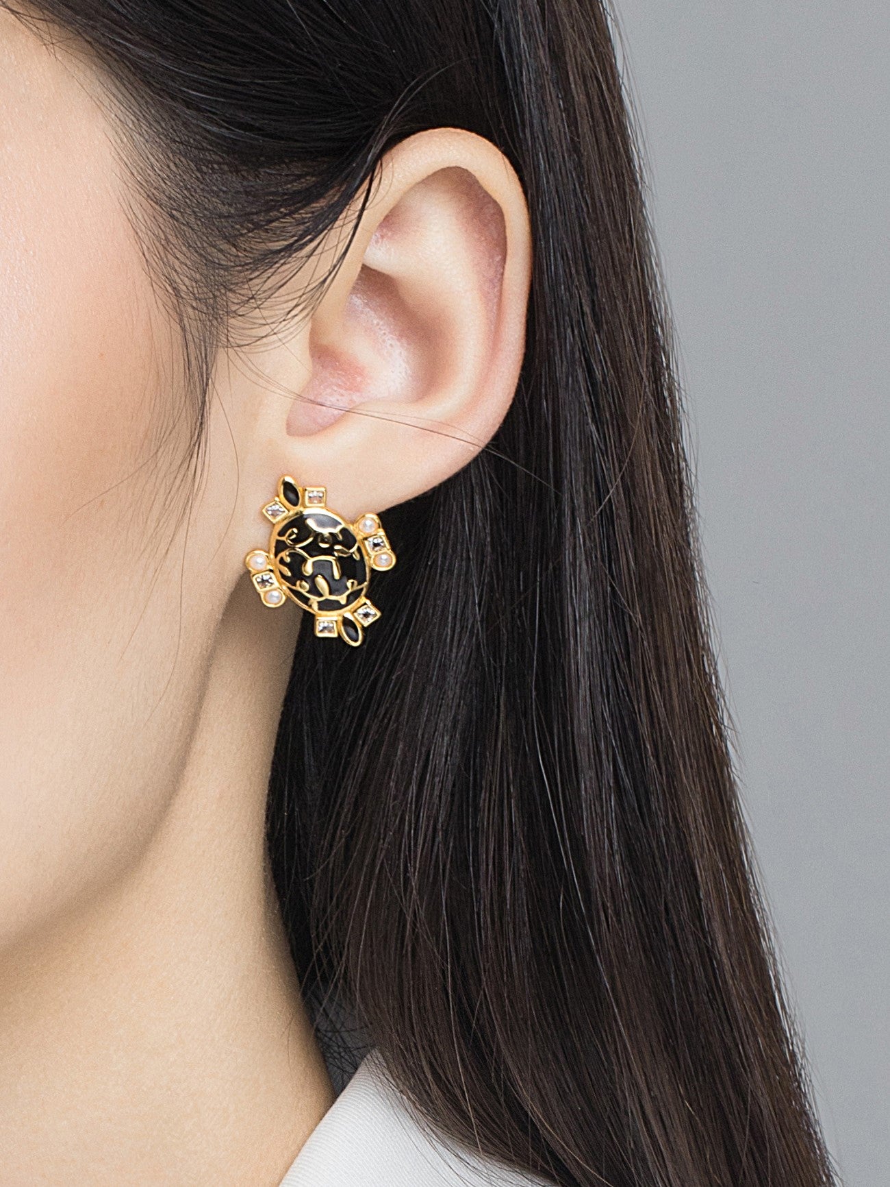 Black & Golden Oval Enamel with Pearl Studs Earrings for Women