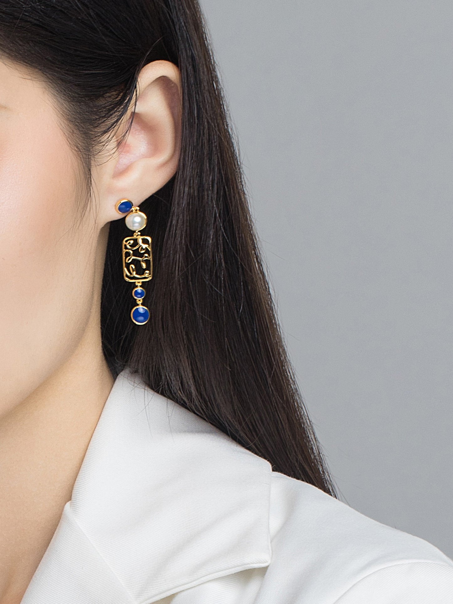 Blue & Golden Paris Flower Window Enamel Drop Earrings for Women