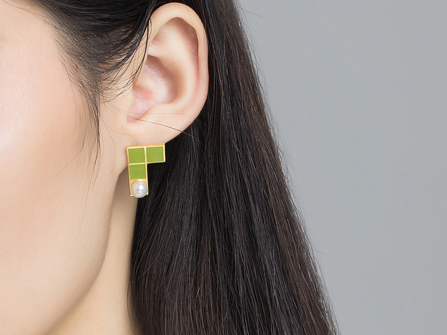 Green Tetris Enamel with Pearl Studs Earrings for Women