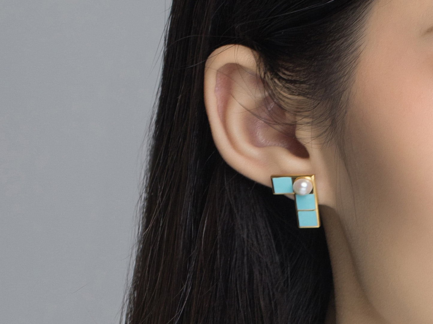 Light Blue Tetris Enamel with Pearl Stud Earring for Women