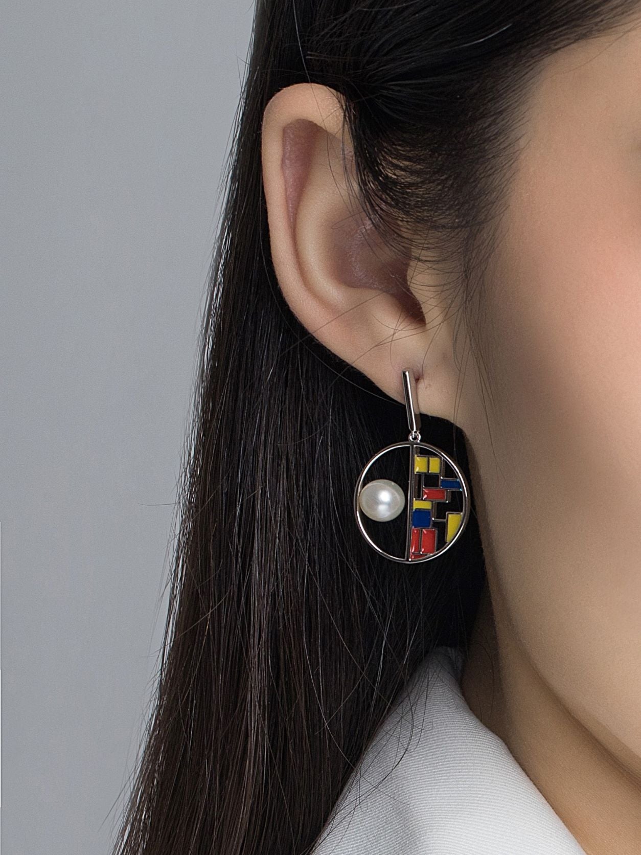 Colourful Mondrian Enamel with Pearls Silver Drop Earrings for Women