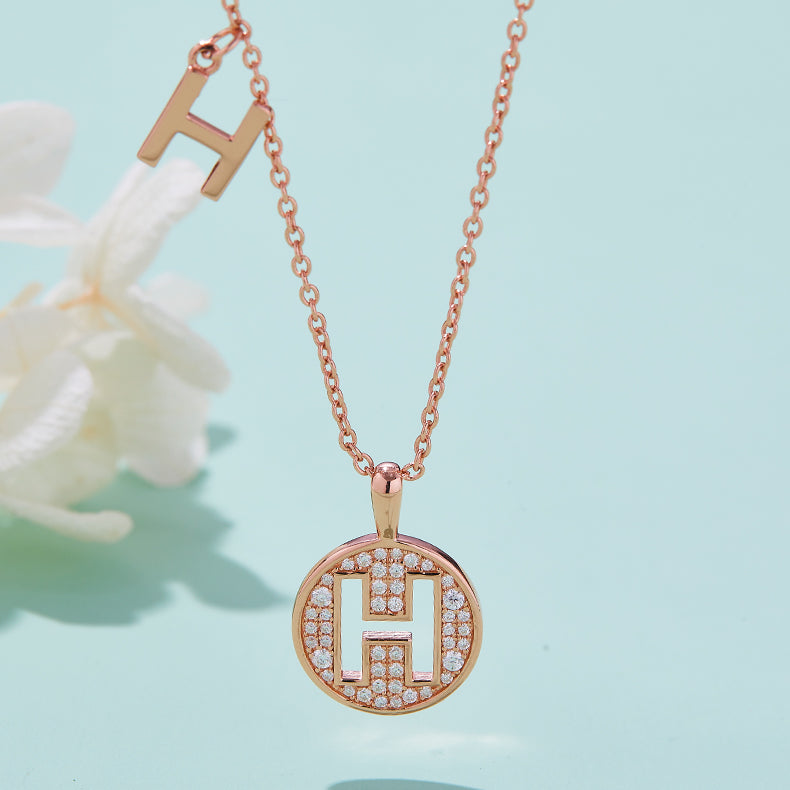 (Rose Gold Colour) Letter H Moissanite Necklace for Women