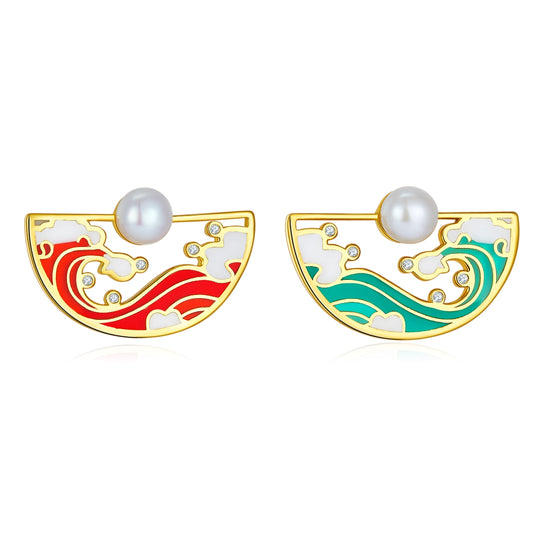 (Two Colours) Tidal Water Enamel with Pearl Golden Studs Earrings for Women