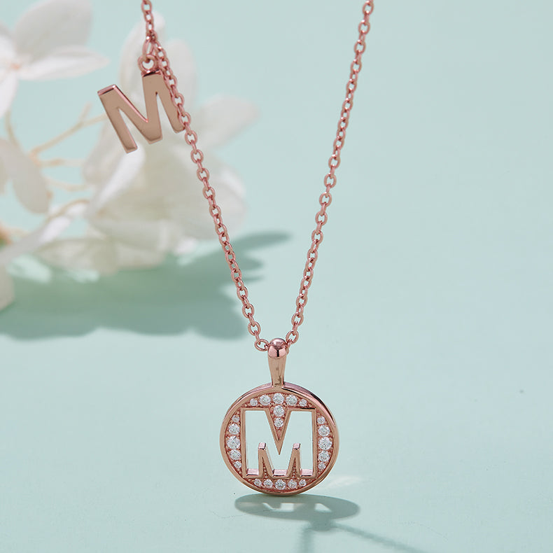 (Rose Gold Colour) Letter M Moissanite Necklace for Women