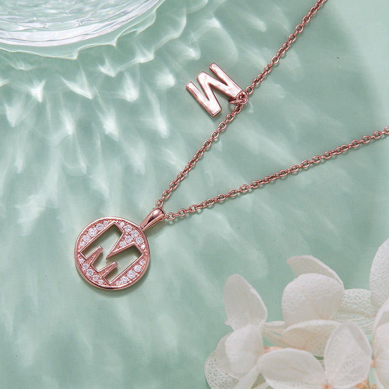 (Rose Gold Colour) Letter M Moissanite Necklace for Women