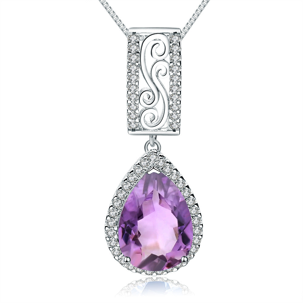 European Style Inlaid Natural Amethyst Soleste Halo Pear Drop Pendant Silver Necklace for Women