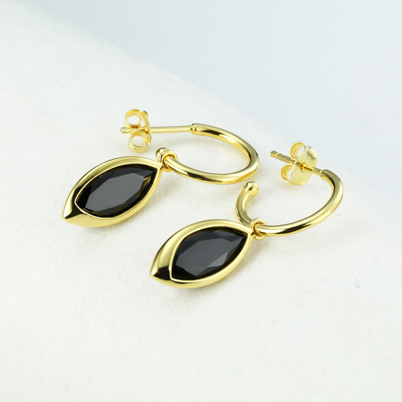 Marquise Shape Black Zircon Silver Drop Earrings for Women