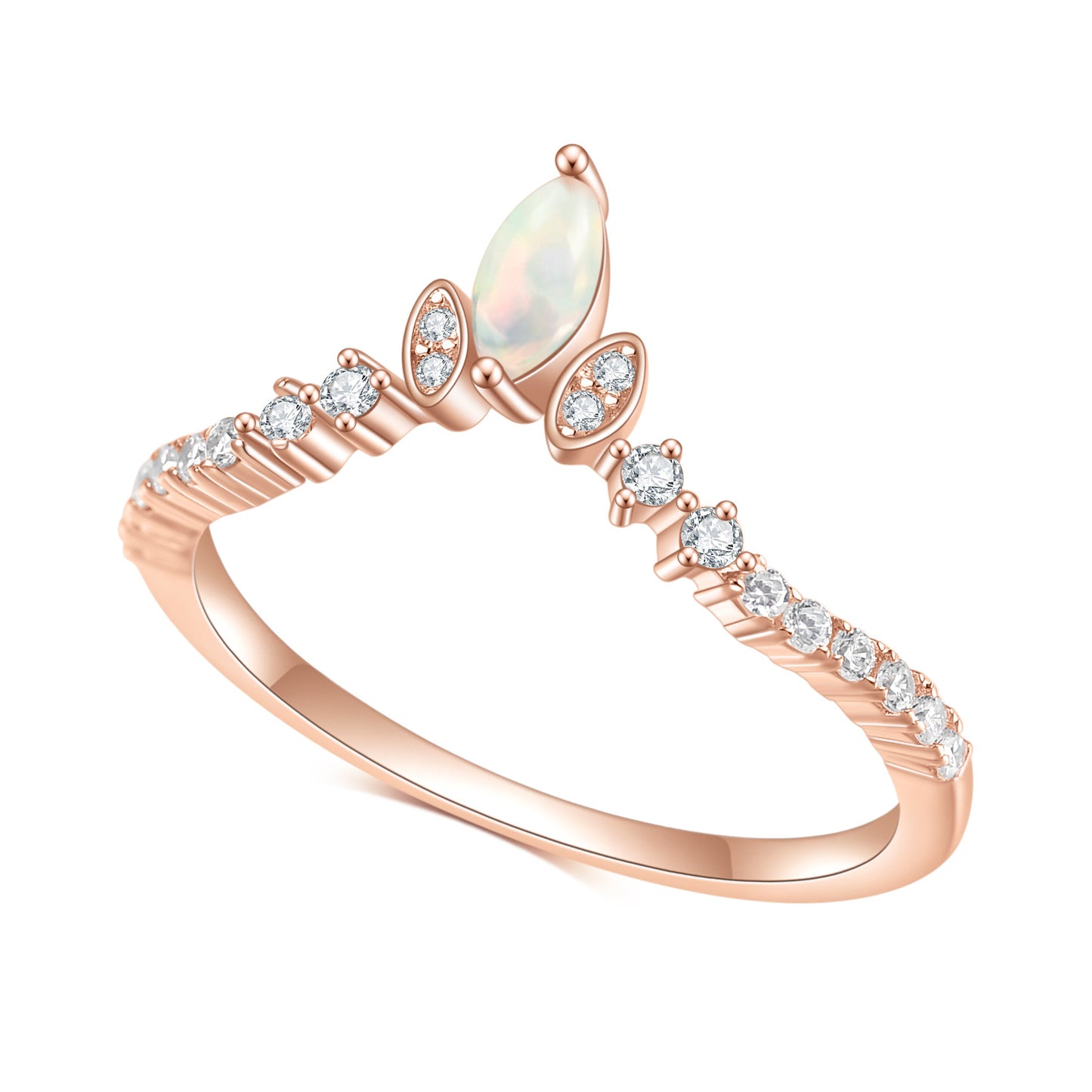 Fashion and Simple Luxury V-shaped S925 Sterling Silver Inlaid Gem Rose Gold Plated Ring for Women