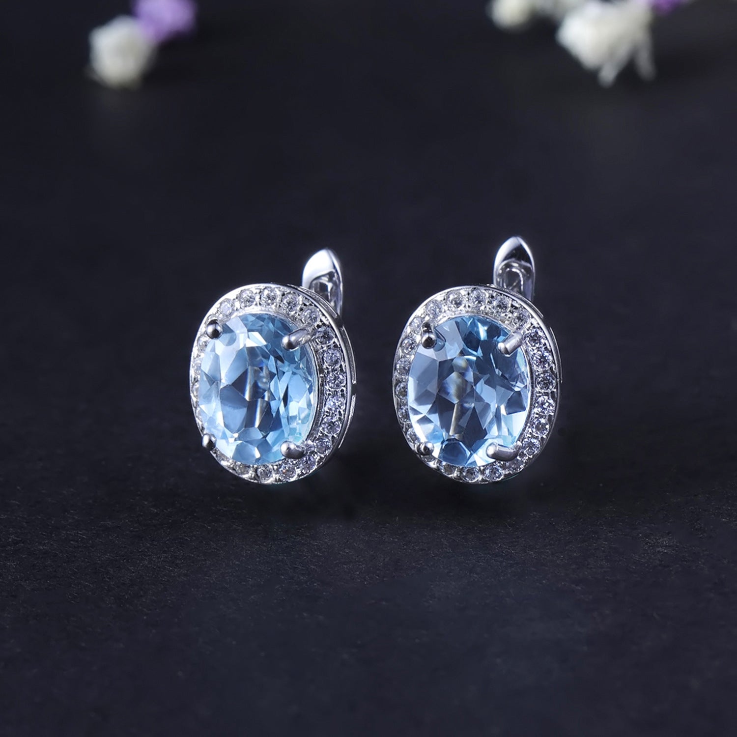 Natural Topaz Soleste Halo Oval Silver Studs for Women