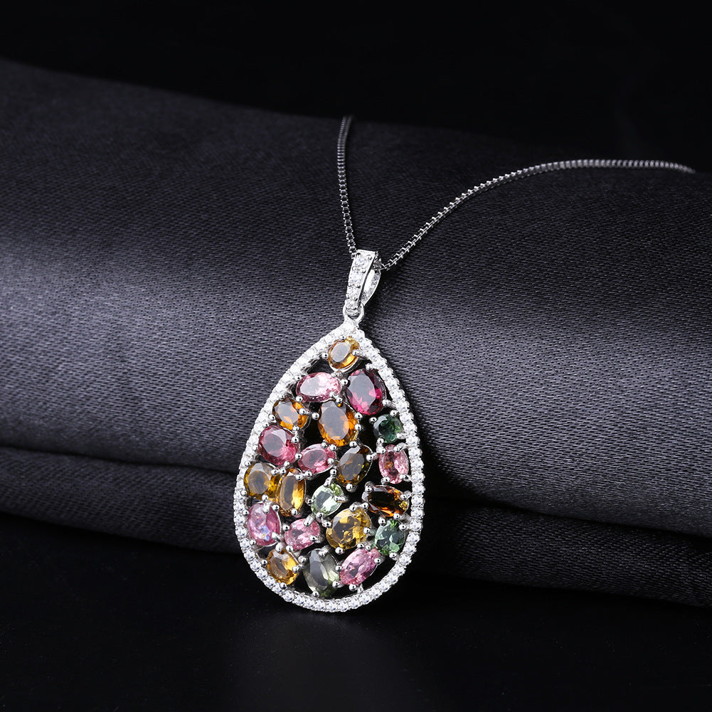 European Fashion Design Inlaid Natural Colourful Gemstones Pendant Silver Necklace for Women