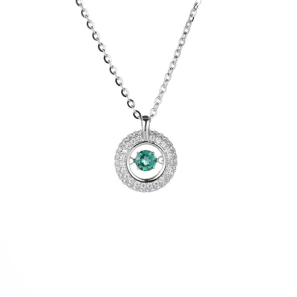 (Two Colours) White Zircon Circle Ring with Emerald Colour Ziron Pendants Silver Collarbone Necklace for Women