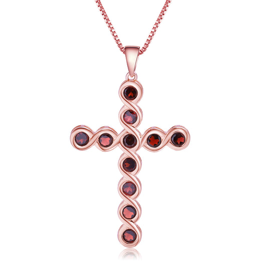 Europen Style Natural Garnet Cross Pendant Plated Rose Gold Silver Necklace for Women