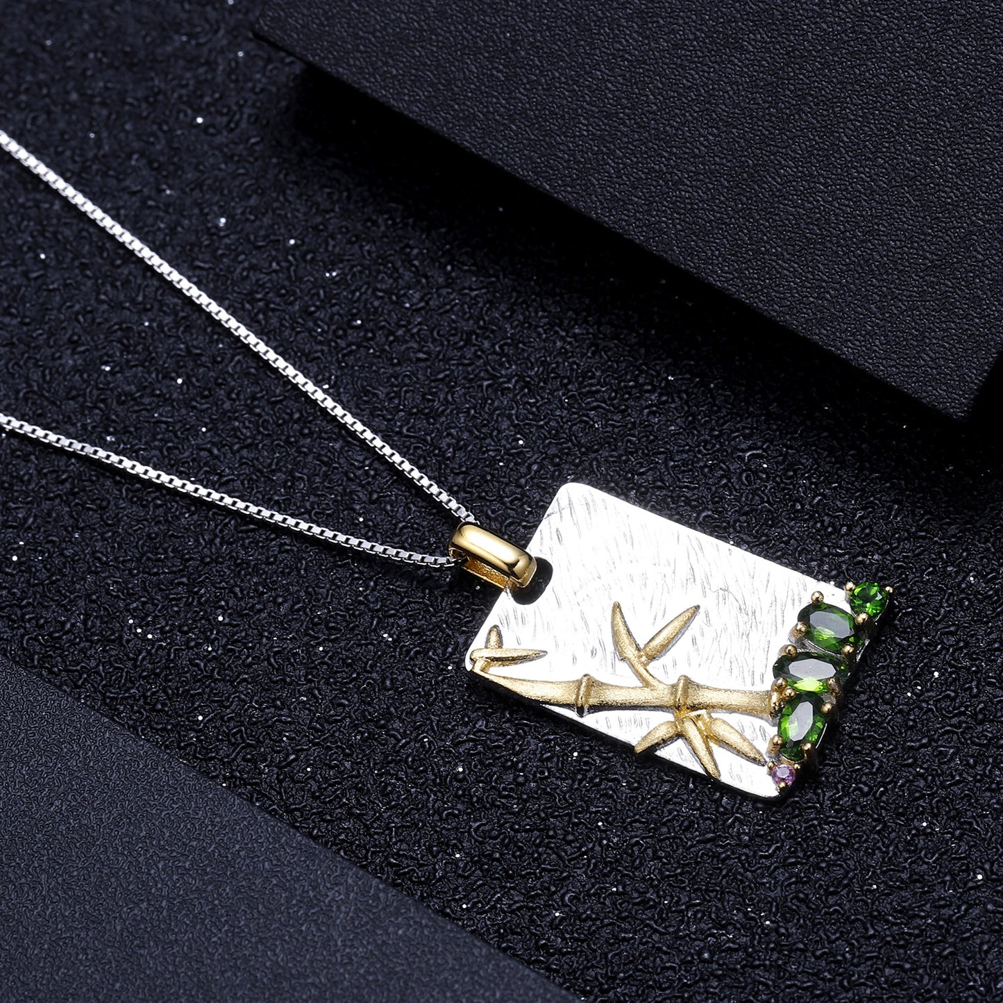Chinese Style Inlaid Natural Colourful Gemstone Bamboo Rectangle Pendant Sterling Silver Necklace for Women