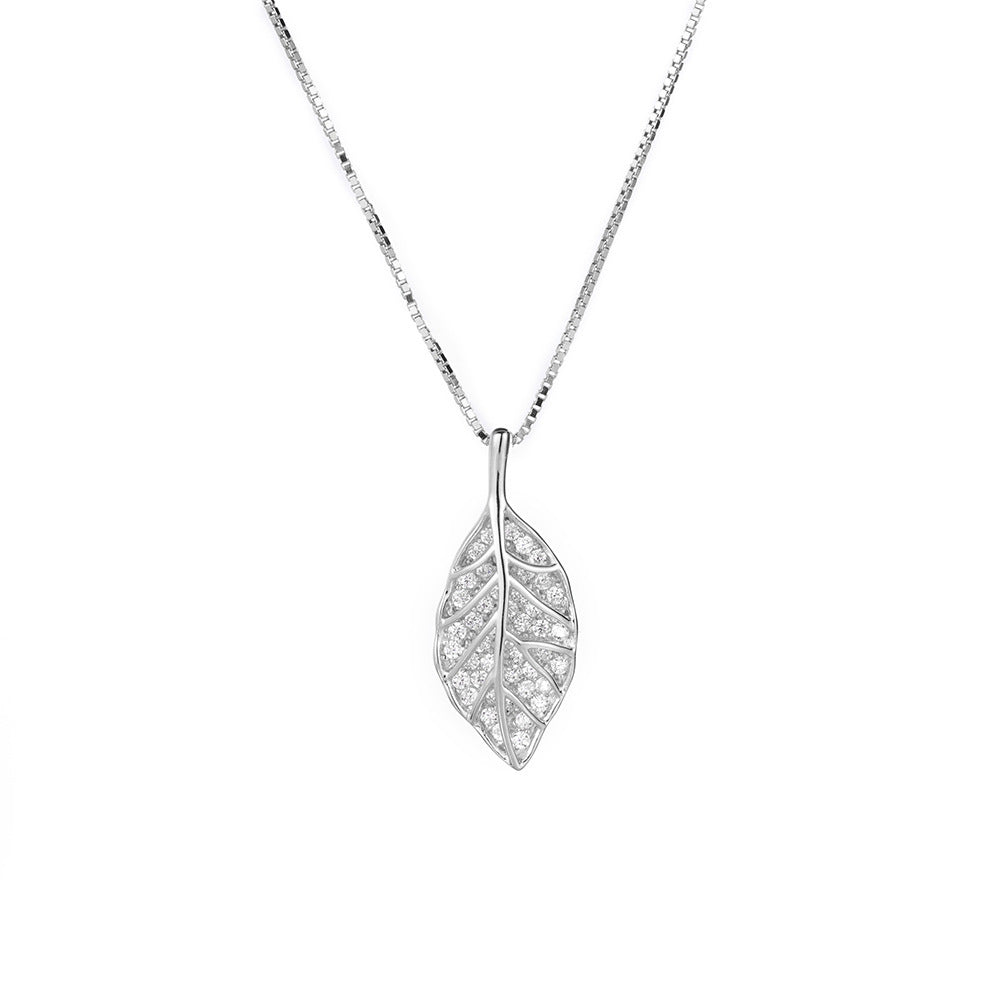 (Two Colours) White Zircon Leaf Solitaire Pendants 925 Silver Collarbone Necklace for Women