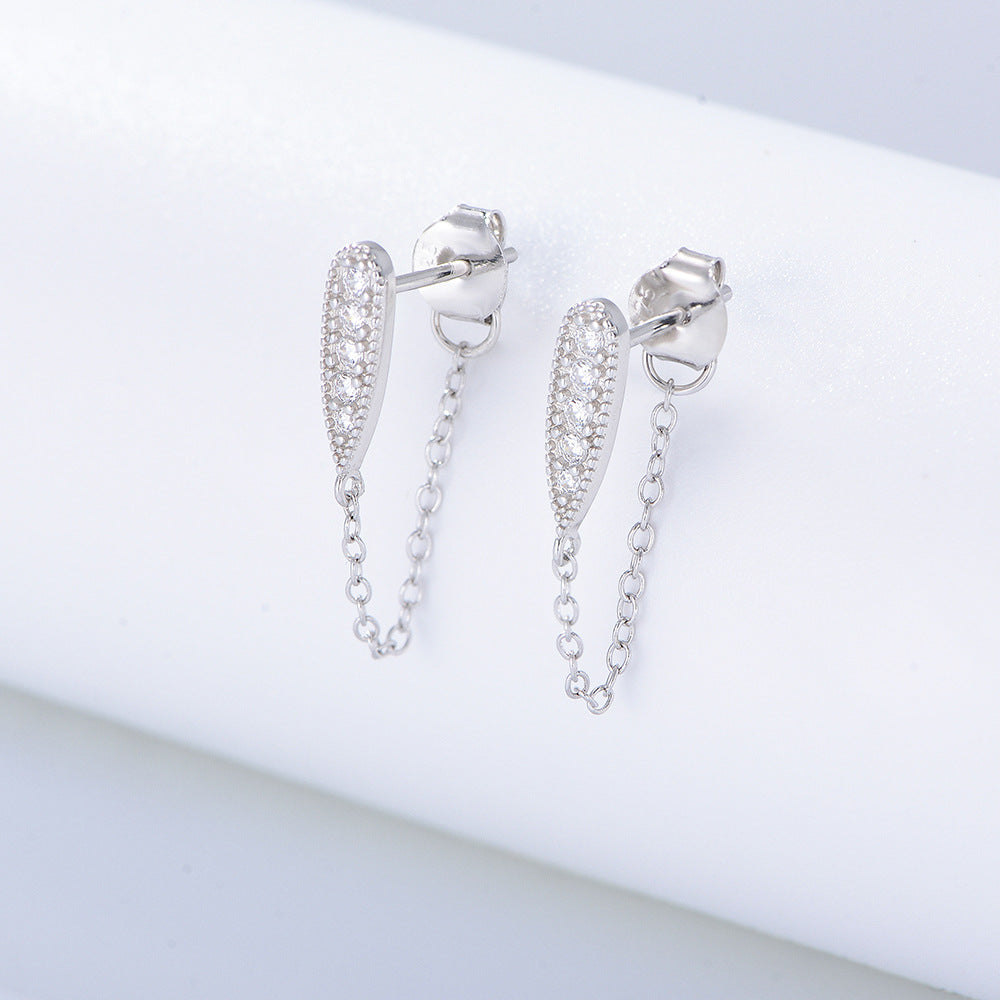 Pear Drop Zircon Chain Tassel Silver Studs Earrings for Women