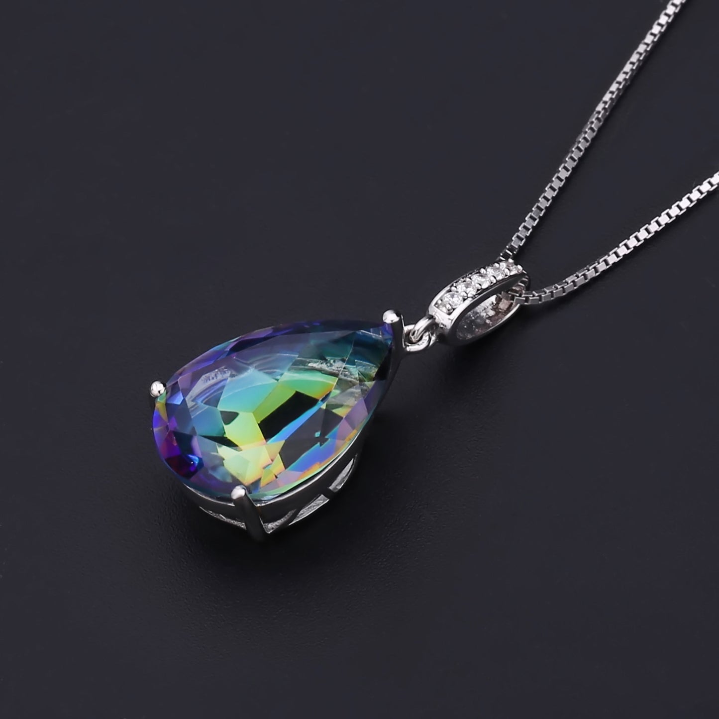European Style Inlaid Natural Crystal Three Prongs Pear Drop Pendants Silver Necklace for Women