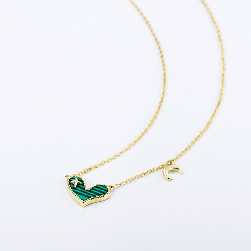 Heart-shape Malachite with Zircon Star and Moon Silver Necklace for Women