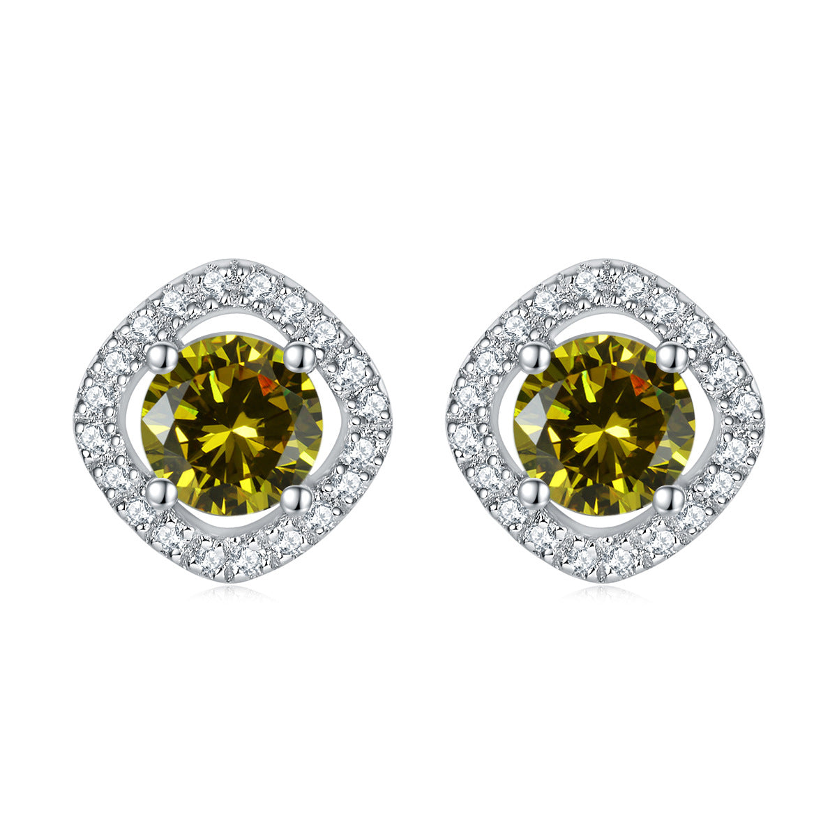 Round Zircon Square Soleste Halo Silver Studs Earrings for Women