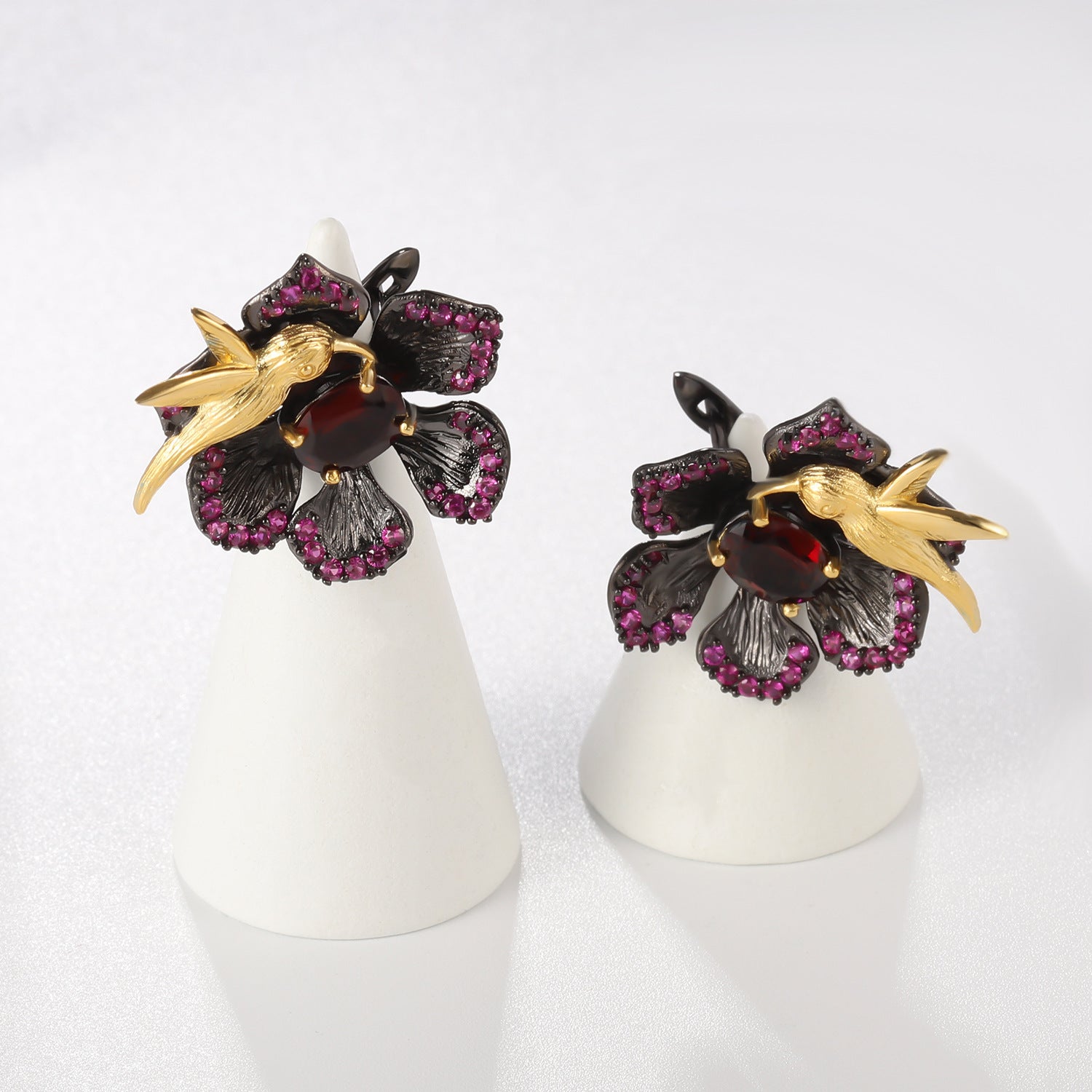 Colourful Gemstones Bird Whispering and Flower Fragrance Design Silver Earrings for Women
