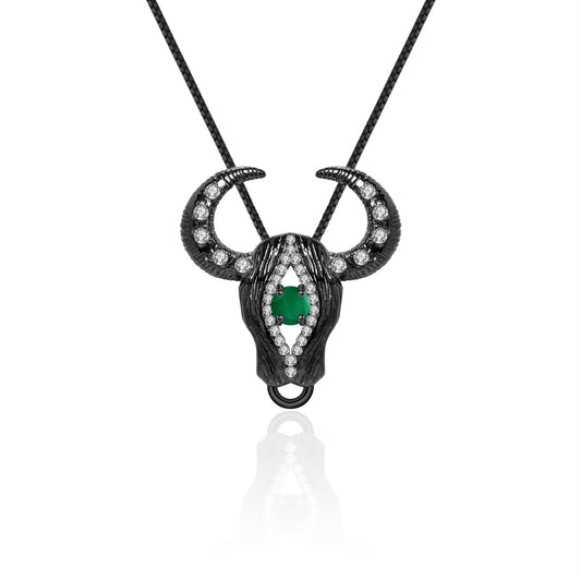 Dark Retro Design Oxhead  Inlaid Natural Gemstone Pendant  Silver Necklace for Women