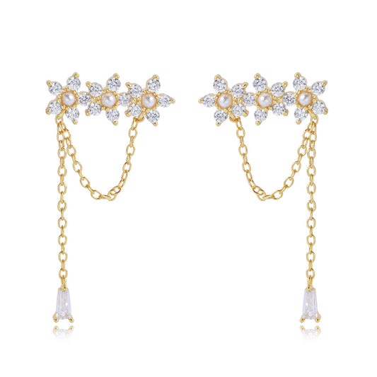 Zircon Flower with Pearl Tassel Silver Drop Earrings for Women