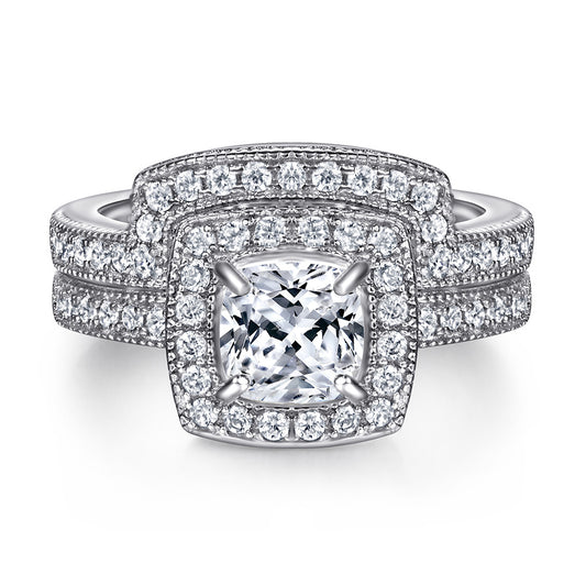 Four Prongs Cushion Cut Soleste Halo Silver Ring Set for Women