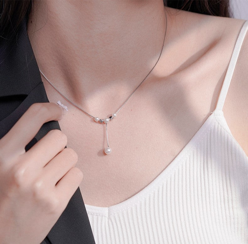 (Two Colours) Natuarl Pearls Tassels Drop Pendants 925 Silver Collarbone Necklace for Women