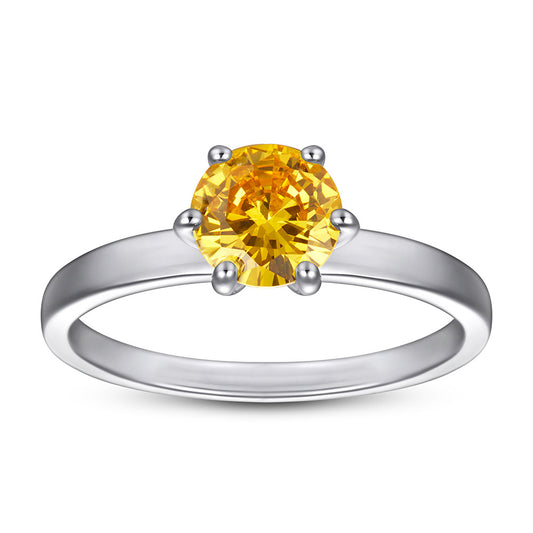 Yellow Zircon Six Prongs Solitaire Silver Ring
