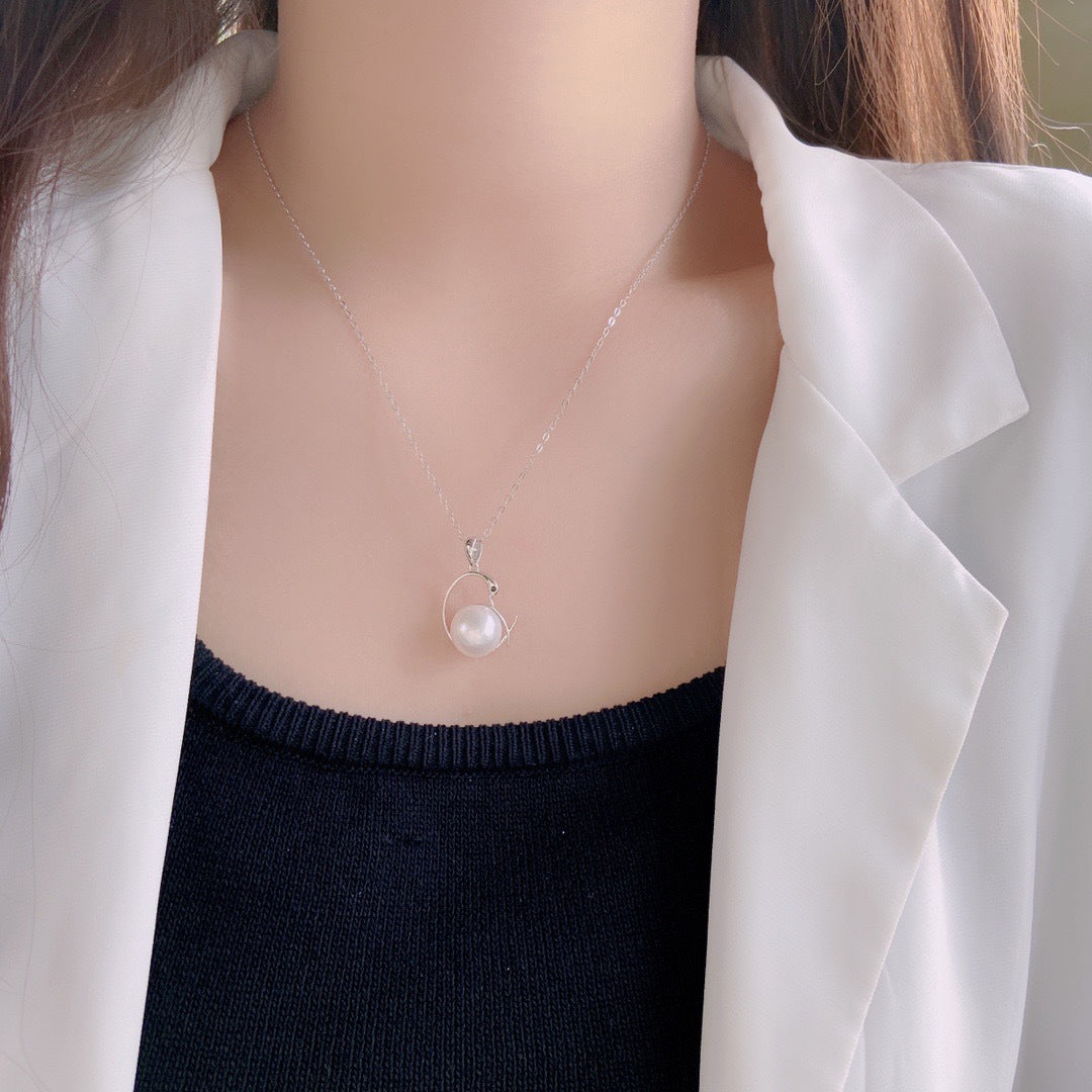 Natural Pearl Hollow Geometric Pendant Silver Necklace for Women