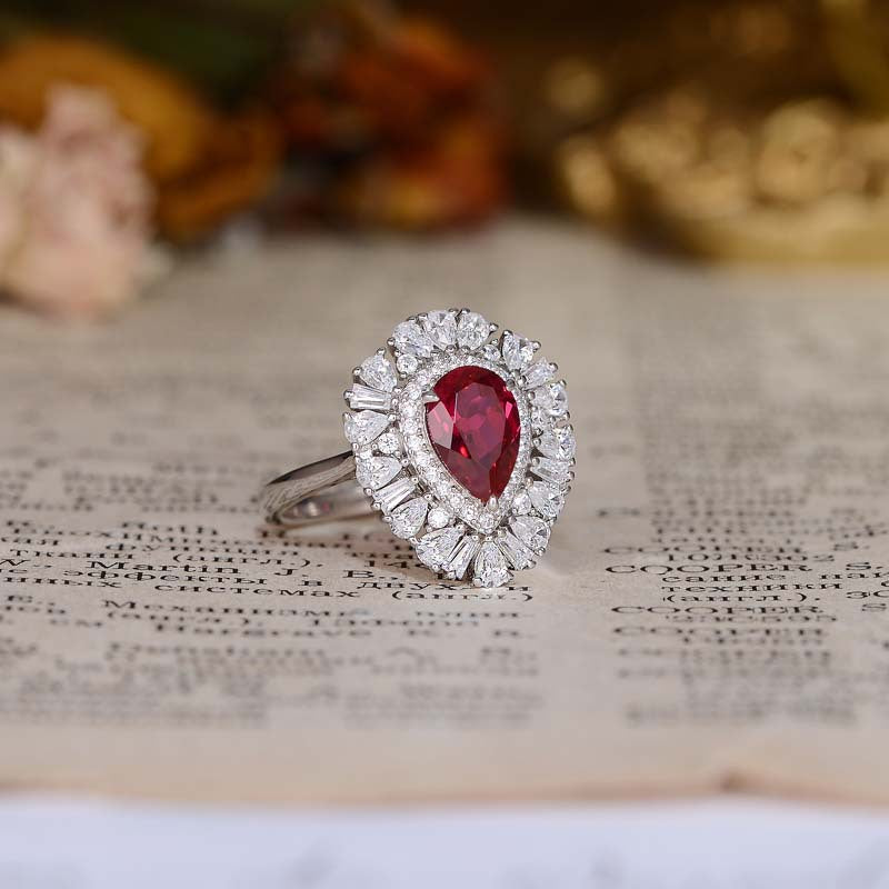 Lab-Created Ruby 6*9mm Water Droplet Soleste Halo Silver Ring for Women