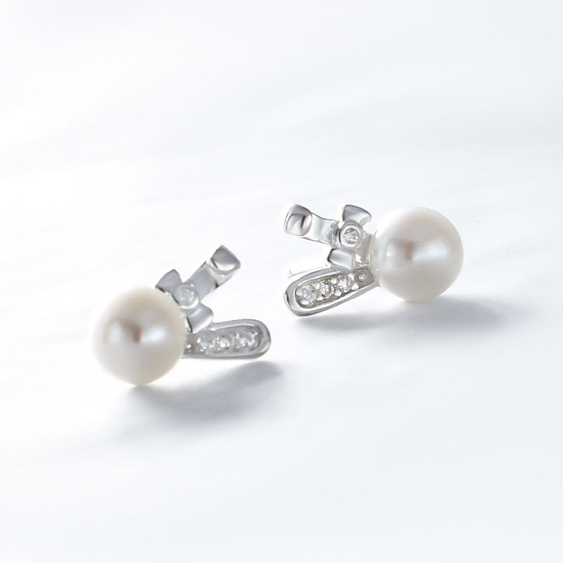 Freshwater Pearl Cute Rabbit with Zircon Silver Stud Earrings for Women