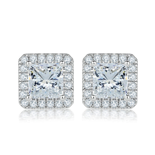 Princess Cut Zircon Soleste Halo Silver Studs Earrings for Women