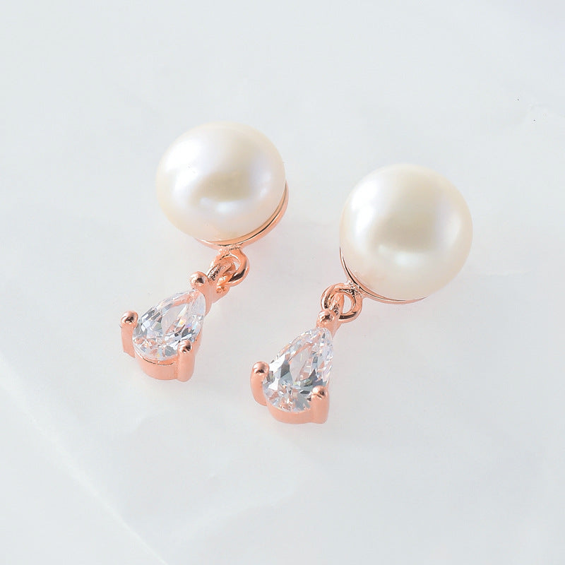 Freshwater Pearl with Pear Drop Zircon Silver Drop Earrings for Women